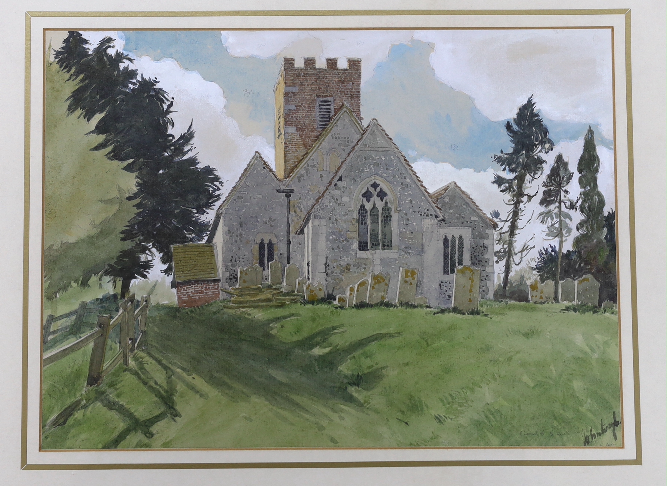 Three watercolours comprising two by Ray Evans (1920–2008) graveyard before cottages and gothic doorway, each signed and one by John Doyle (b.1928) Tichbourne Church, signed, largest 25 x 36cm